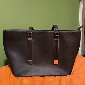 ALDO Black Gold Faux Leather Zip Shoulder Tote Handbag